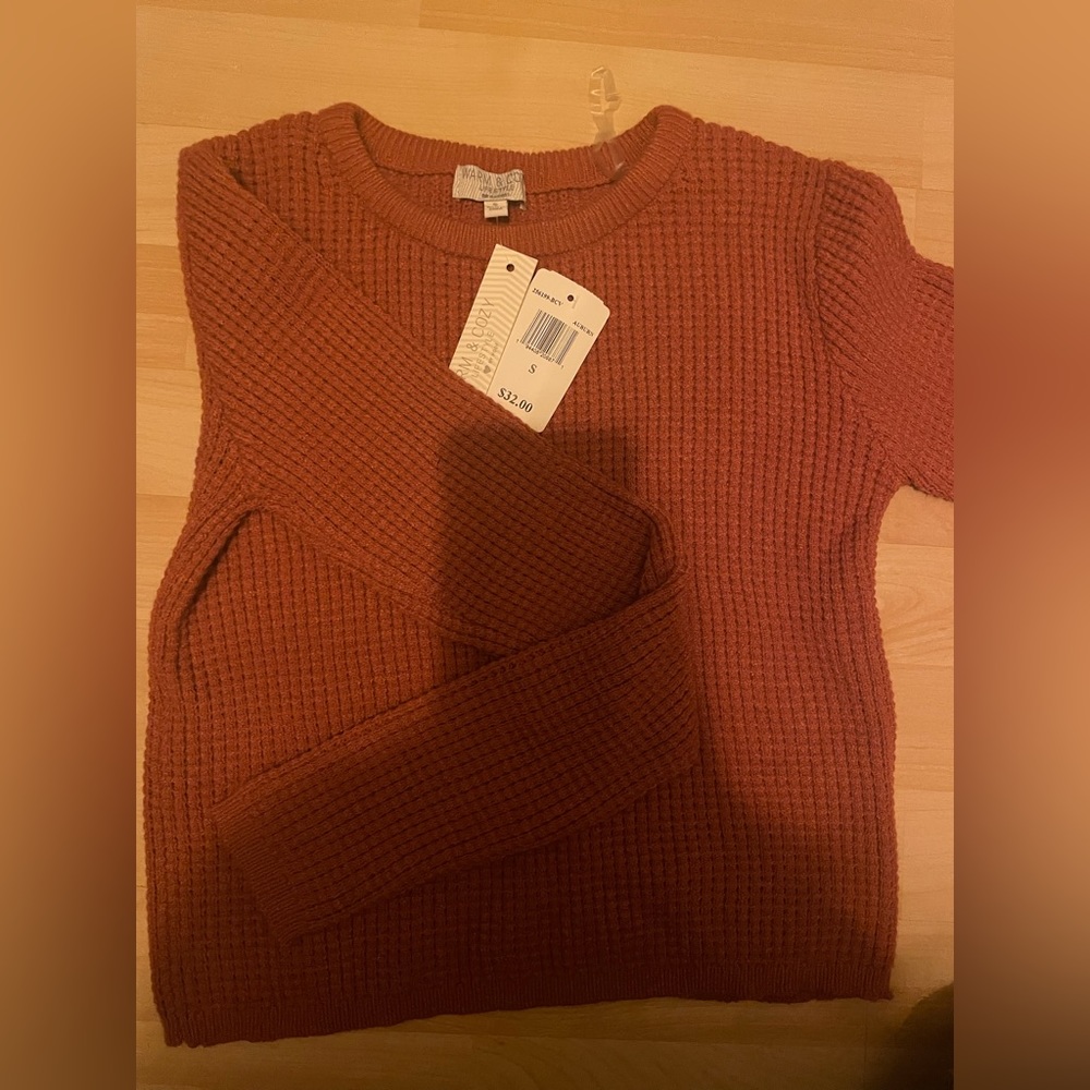 “Warm & Cozy” Orange crew neck sweater.